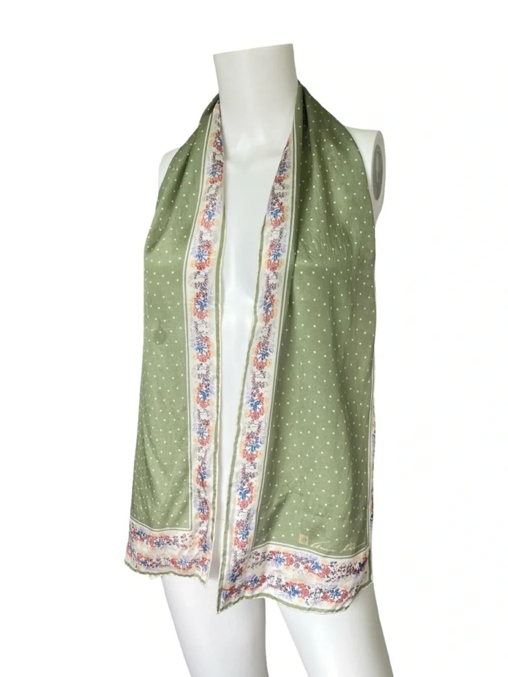 Vintage Anne Klein Long silk Scarf Floral Polka Dot Sheer Cottagecore